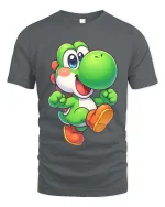 Cute Green Dino Cartoon Retro Gaming Style Graphic T-Shirt - gray t-shirt on white background