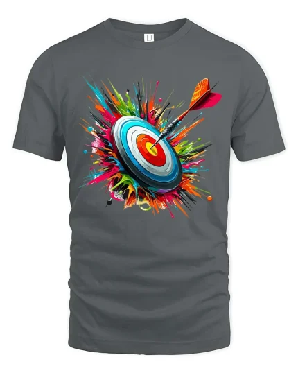 Bullseye Target Dart Color Splash Graphic T-Shirt Design - gray t-shirt on white background