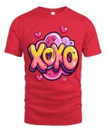 XOXO Love Heart Cute Cartoon Valentines Graphic T-Shirt - red t-shirt on white background