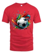 Color Burst Soccer Ball Graphic Football Art Style T-Shirt - red t-shirt on white background