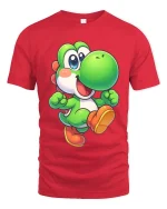 Cute Green Dino Cartoon Retro Gaming Style Graphic T-Shirt - red t-shirt on white background