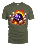 Fire Strike Bowling Ball Graphic Funny Bowling Sport T-Shirt - military green t-shirt on white background