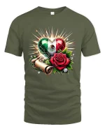 Mexican Heart Rose Pride Graphic Cultural Love T-Shirt - military green t-shirt on white background