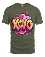 XOXO Love Heart Cute Cartoon Valentines Graphic T-Shirt - military green t-shirt on white background