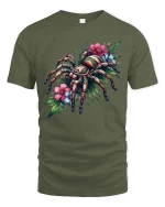 Tarantula Flower Botanical Art Graphic T-Shirt Design - military green t-shirt on white background