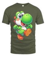 Cute Green Dino Cartoon Retro Gaming Style Graphic T-Shirt - military green t-shirt on white background