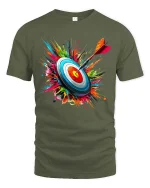 Bullseye Target Dart Color Splash Graphic T-Shirt Design - military green t-shirt on white background