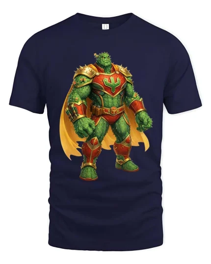 Cactus Warrior Superhero Graphic Funny Desert Hero T-Shirt - navy t-shirt on white background