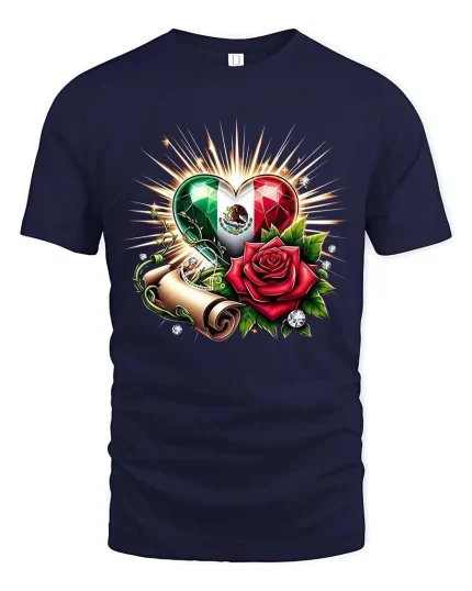 Mexican Heart Rose Pride Graphic Cultural Love T-Shirt - navy t-shirt on white background