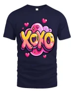 XOXO Love Heart Cute Cartoon Valentines Graphic T-Shirt - navy t-shirt on white background