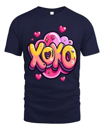 XOXO Love Heart Cute Cartoon Valentines Graphic T-Shirt - navy t-shirt on white background