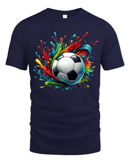 Color Burst Soccer Ball Graphic Football Art Style T-Shirt - navy t-shirt on white background