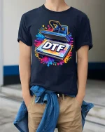 DTF Heat Press Printing Funny Graphic T-Shirt Color Splash - model wearing navy tee with hands in pockets
