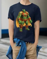 Cactus Warrior Superhero Graphic Funny Desert Hero T-Shirt - model wearing navy tee with hands in pockets