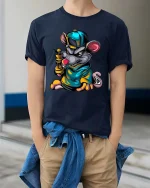 Street Rat Graffiti Cartoon Urban Mouse Graphic T-Shirt - model wearing navy tee with hands in pockets