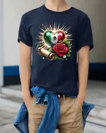 Mexican Heart Rose Pride Graphic Cultural Love T-Shirt - model wearing navy tee with hands in pockets