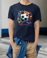 Color Splash Soccer Ball Graphic Football Fan Sport T-Shirt - model wearing navy tee with hands in pockets