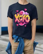 XOXO Love Heart Cute Cartoon Valentines Graphic T-Shirt - model wearing navy tee with hands in pockets