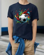 Color Burst Soccer Ball Graphic Football Art Style T-Shirt - model wearing navy tee with hands in pockets