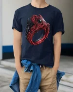 Dark Gothic Eye Ring Monster Horror Graphic T-Shirt - model wearing navy tee with hands in pockets