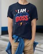I Am My Own Boss Motivational Graphic T-Shirt Power Tee - model wearing navy tee with hands in pockets