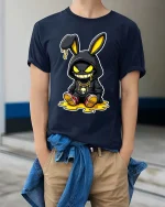 Streetwear Bunny Drip Hoodie Style Graphic T-Shirt Design - model wearing navy tee with hands in pockets