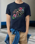 Tarantula Flower Botanical Art Graphic T-Shirt Design - model wearing navy tee with hands in pockets