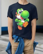 Cute Green Dino Cartoon Retro Gaming Style Graphic T-Shirt - model wearing navy tee with hands in pockets