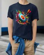 Bullseye Target Dart Color Splash Graphic T-Shirt Design - model wearing navy tee with hands in pockets