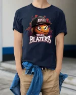Rip City Basketball Street Style Trail Blazers Fan T-Shirt - model wearing navy tee with hands in pockets