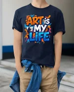 Art Is My Life Creative Artist Graphic Paint Splash T-Shirt - model wearing navy tee with hands in pockets