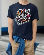 Create Every Day Artist Paint Brush Creative Graphic T-Shirt - model wearing navy tee with hands in pockets