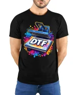 DTF Heat Press Printing Funny Graphic T-Shirt Color Splash - model wearing black tee with hands behind back