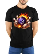 Fire Strike Bowling Ball Graphic Funny Bowling Sport T-Shirt - model wearing black tee with hands behind back
