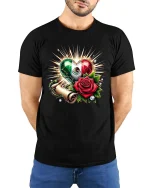 Mexican Heart Rose Pride Graphic Cultural Love T-Shirt - model wearing black tee with hands behind back