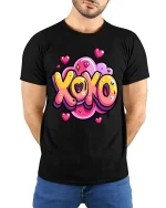XOXO Love Heart Cute Cartoon Valentines Graphic T-Shirt - model wearing black tee with hands behind back