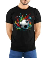 Color Burst Soccer Ball Graphic Football Art Style T-Shirt - model wearing black tee with hands behind back