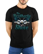 The Brotherly Shove Eagles Football Fan Graphic T-Shirt - model wearing black tee with hands behind back