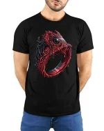 Dark Gothic Eye Ring Monster Horror Graphic T-Shirt - model wearing black tee with hands behind back