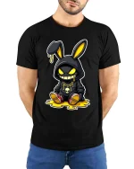Streetwear Bunny Drip Hoodie Style Graphic T-Shirt Design - model wearing black tee with hands behind back