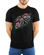 Tarantula Flower Botanical Art Graphic T-Shirt Design - model wearing black tee with hands behind back