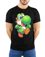 Cute Green Dino Cartoon Retro Gaming Style Graphic T-Shirt - model wearing black tee with hands behind back