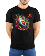 Bullseye Target Dart Color Splash Graphic T-Shirt Design - model wearing black tee with hands behind back
