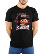 Rip City Basketball Street Style Trail Blazers Fan T-Shirt - model wearing black tee with hands behind back