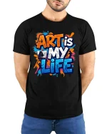 Art Is My Life Creative Artist Graphic Paint Splash T-Shirt - model wearing black tee with hands behind back