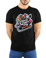Create Every Day Artist Paint Brush Creative Graphic T-Shirt - model wearing black tee with hands behind back