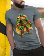 Cactus Warrior Superhero Graphic Funny Desert Hero T-Shirt - model wearing grey tee, leaning on column