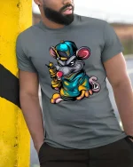 Street Rat Graffiti Cartoon Urban Mouse Graphic T-Shirt - model wearing grey tee, leaning on column