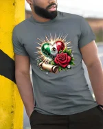 Mexican Heart Rose Pride Graphic Cultural Love T-Shirt - model wearing grey tee, leaning on column