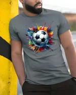 Color Splash Soccer Ball Graphic Football Fan Sport T-Shirt - model wearing grey tee, leaning on column